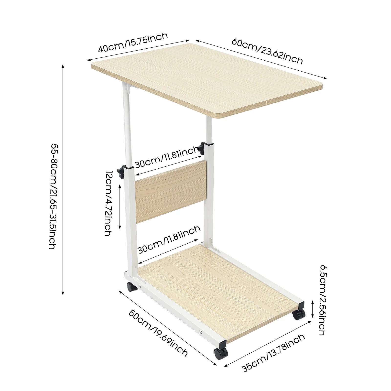 Höhenverstellbarer Rolltisch Mobiler Schreibtisch mit Rädern Salon-Trolley Schönheitswagen für Laptop Bett Sofa Beistelltisch Weiß Modern – Detail 1