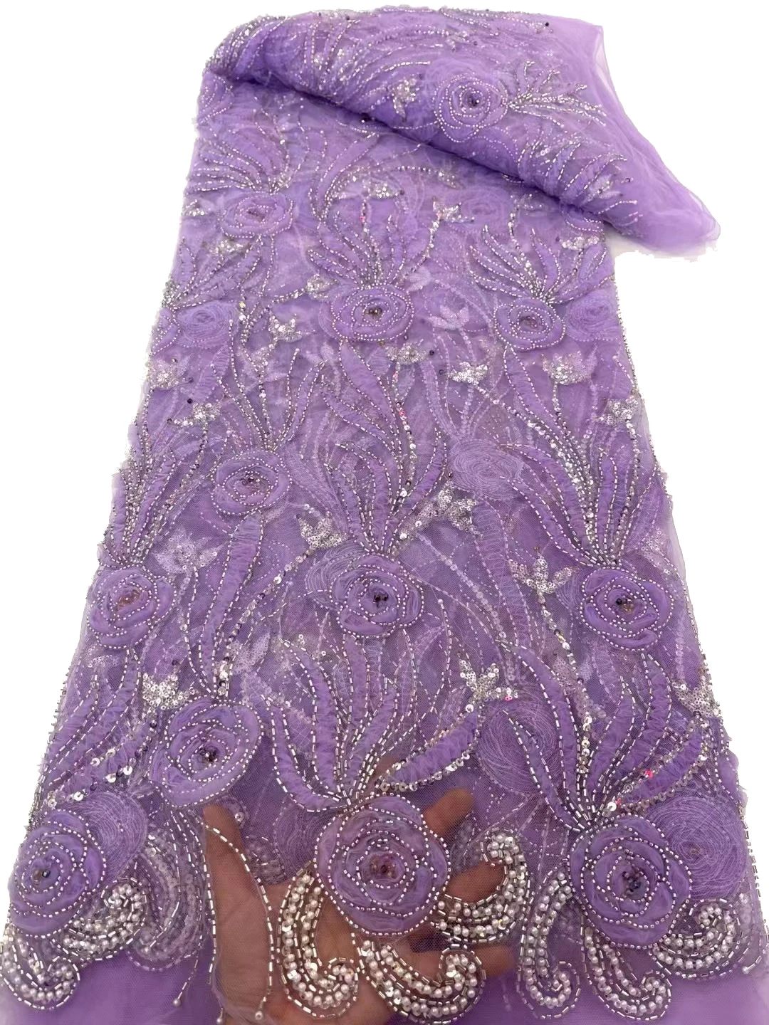 

Exquisite coiled flower beaded tube sequin tulle fabric, high quality rice beads fashion party evening dresses/5yards