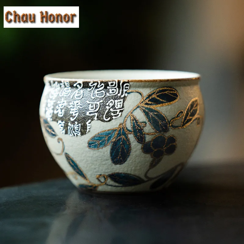 160ml Blue And White Flint Red Teacup Handmade Gold Drawing Branch Lotus Tea Bowl Zen Coffee Mug Smelling Cup Water Jug Teaware