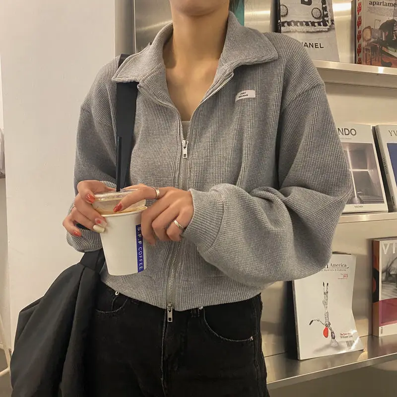 

Vintage Cozy Sweatshirts Women Zipper Turn-down Collar Solid Cropped Loose Streetwear Harajuku Casual All-match Stylish Female