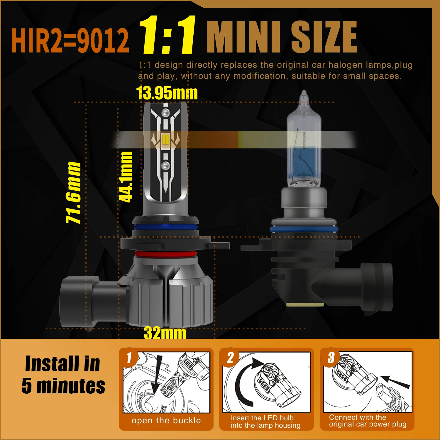 HIR2 LED 헤드라이트 Canbus 무오류 9012 자동차 전구, 고출력 6000K 백색광 다이오드 램프, 도요타 iQ 2009 2015, 12V 55W, 2 개