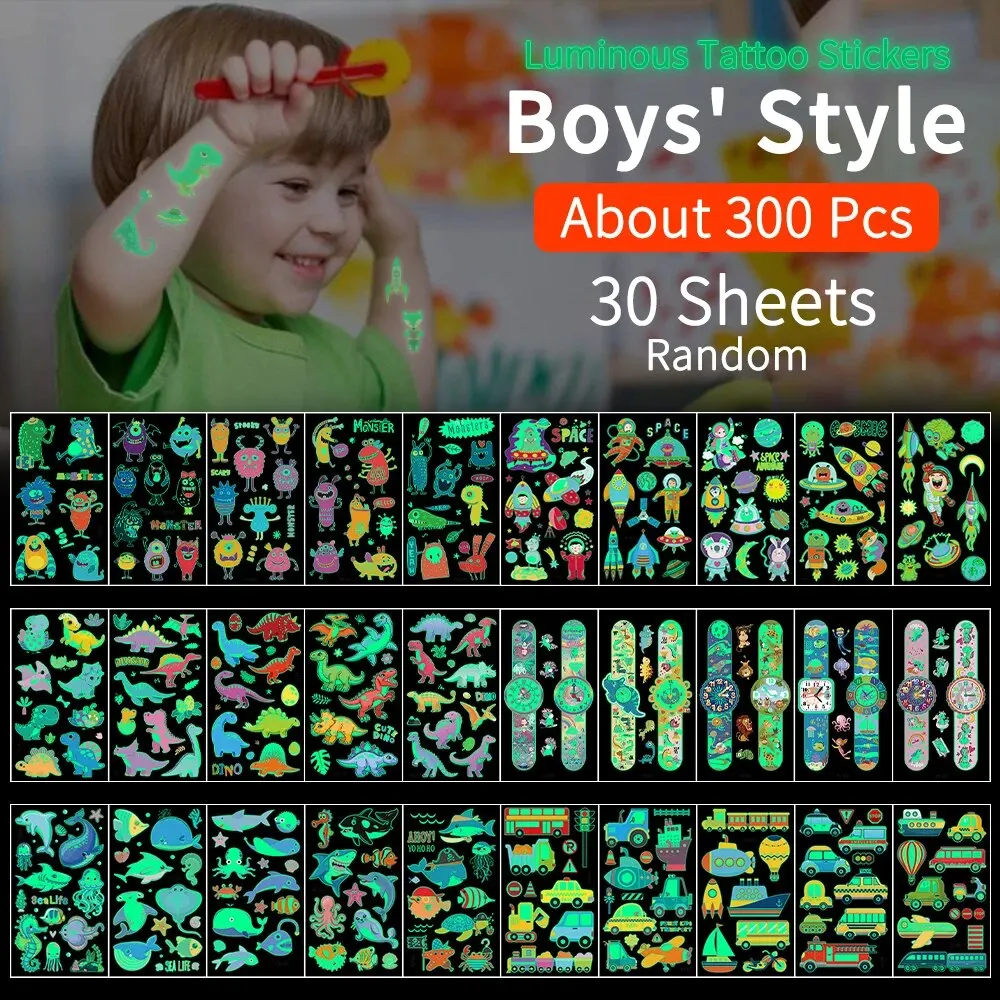 30pcs Children's Luminous Tattoo Stickers Kids Glow Body Paster Unicorn Butterfly Animal Dinosaur Mermaid Cartoon Stickers Gift