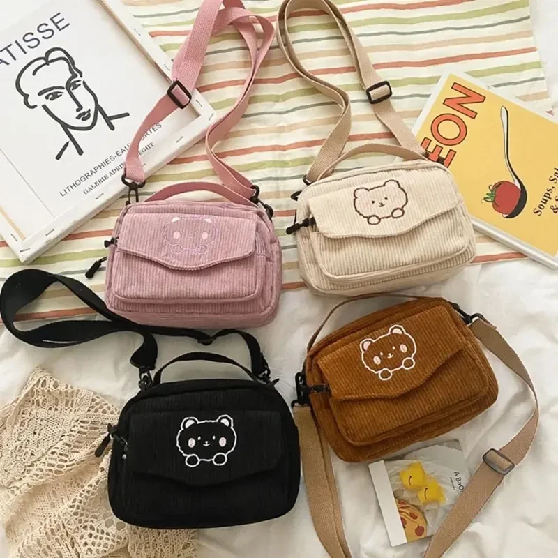 

New Fashion Women Corduroy Cartoon Bear Print Shoulder Bags Student Tote Messenger Bag Satchel Travel Handbags Designer Bag