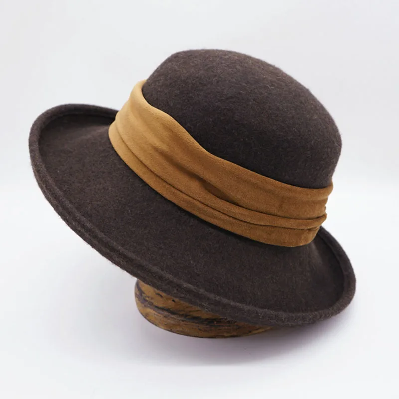 

Women Wide Brim Wool Felt Bowler Hat Roll Up Brim Wide Rinbbon Winter Fedora Hat Ladies Dress Church Cloche Bucket Hat Crushable