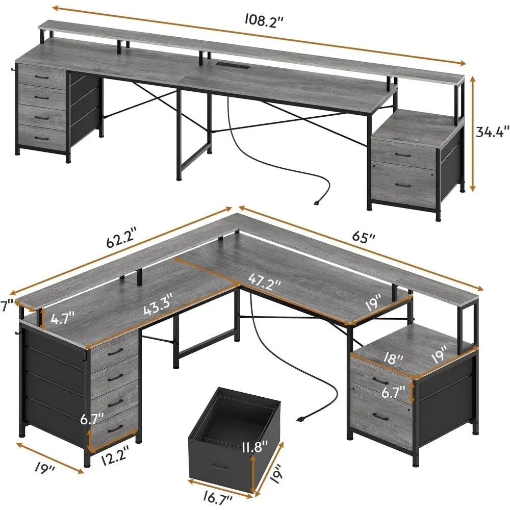 L Shaped Desk with 6 Drawer, 108" Office Desk with File Drawer & Power Outlet, Corner Computer Desk,Two Person Desk, Gaming Desk 3