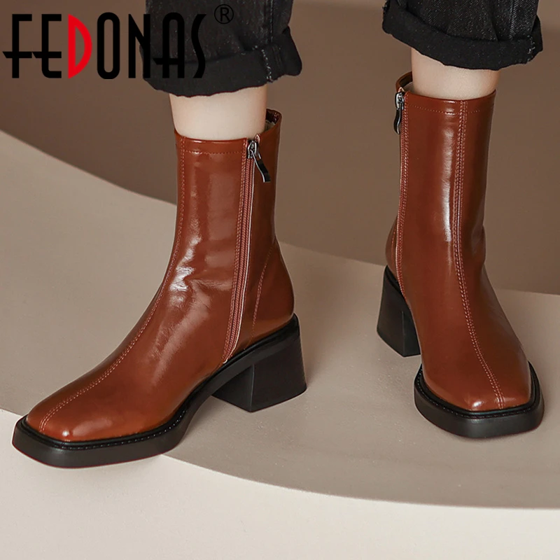 

FEDONAS Women Genuine Leather Ankle Boots Autumn Winter Zipper Thick Heels Casual Shoes Woman Fashion Square Toe Outdoor Boots