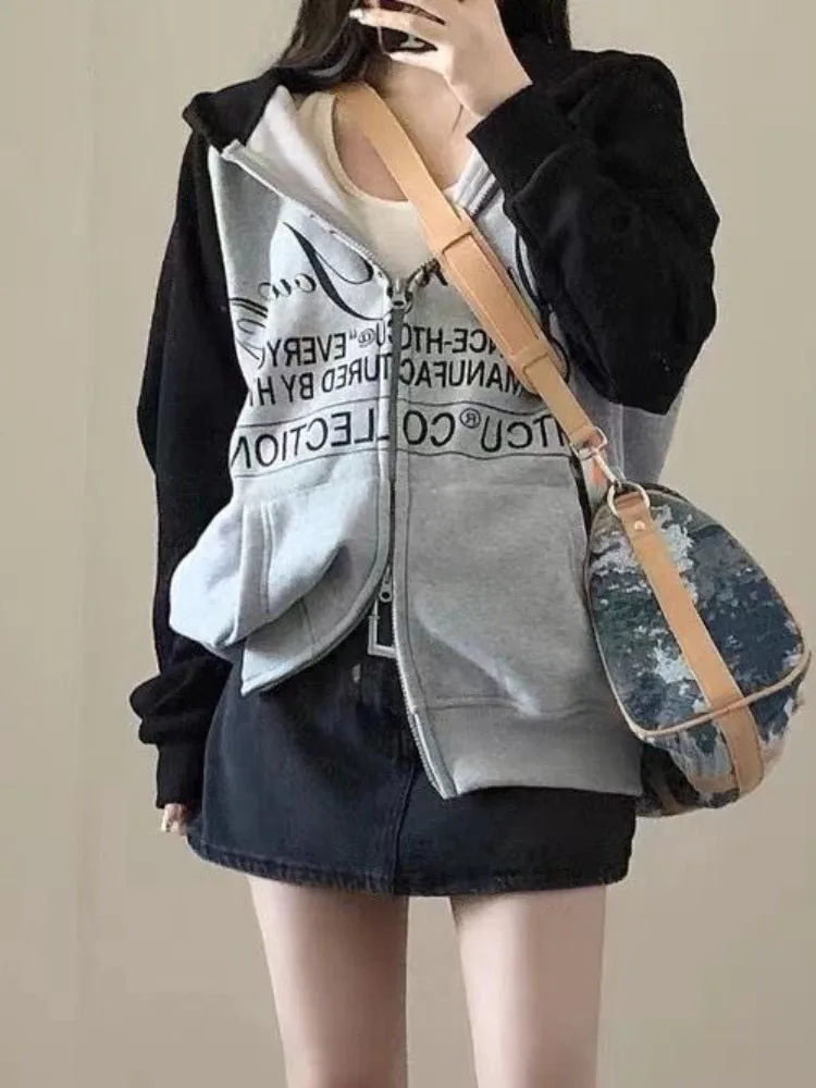 

Винтажный Свободный свитшот, женские топы, модные толстовки с буквенным принтом, Готическая куртка Y2k, в стиле Харадзюку, на молнии, женское универсальное пальто