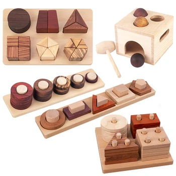 Montessori Toys Wooden Building Blocks Color Shape Matching Sorting Stacking Game  Sensory Fine Action Children Educational Toys