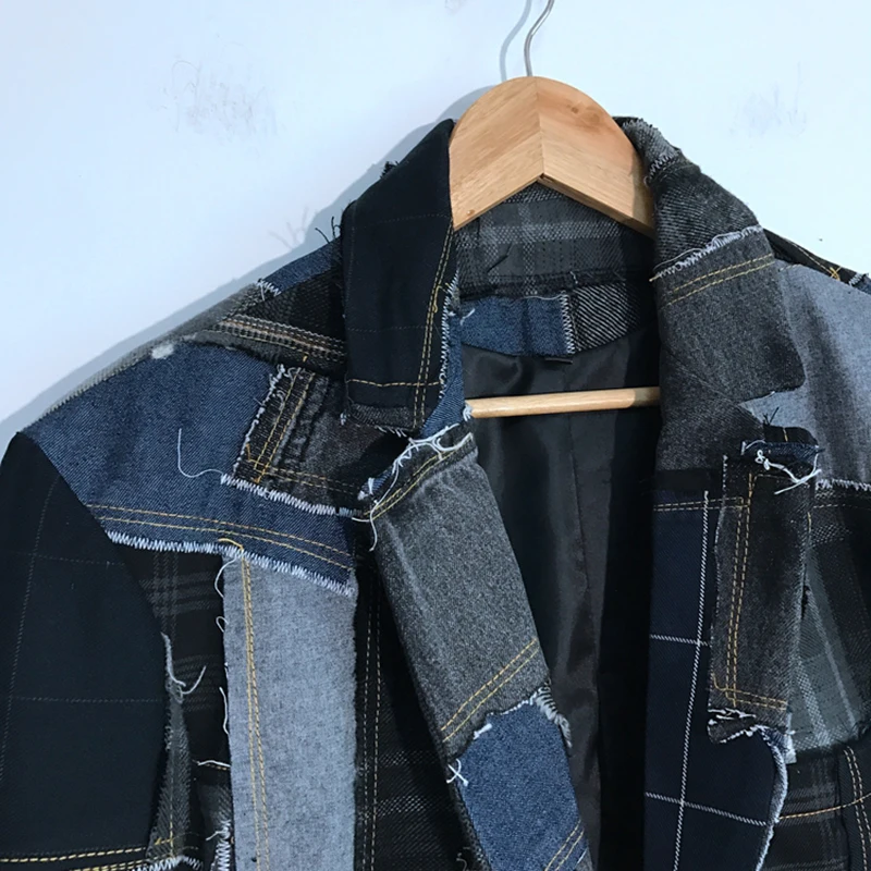 Autumn Men's Denim Plaid Raw Edge Stitching Blazers Patchwork Design Cool Motorcycle Creativity Casual Button Coat 21Z1406