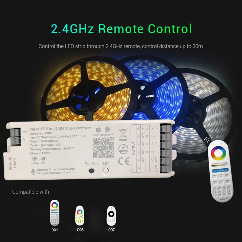 

WiFi 5 in 1 LED Controller Tuya Alexa Google Home Voice Control RGB RGBW CCT Led Strip Dimmer Blue tooth APP RF Remote 12V 24V