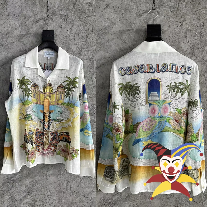 

Silk Casablanca Shirts Men Women Long Sleeve Colorful Woodpecker Hawaii Beach Shirt