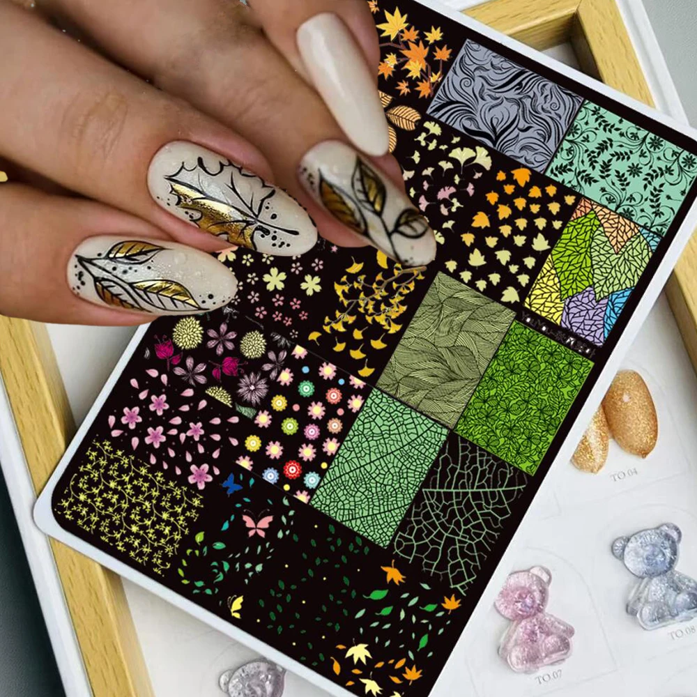 가을 단풍잎 네일 스탬핑 플레이트 15X10cm + 은행잎 꽃 스탬프 템플릿 가을..