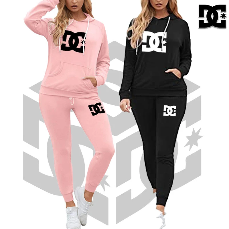2023 Dc Printed Women's Tracksuit Solid Color Sports Style Hooded Hoodies +pants 2pcs Sets