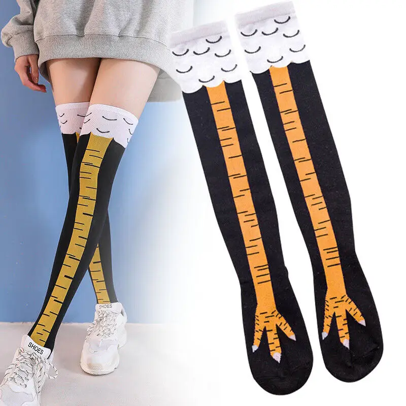 Women Chicken Paws Feet Long Socks Girls Funny Cartoon Cotton Chicken Leg Socks Ladies 3D Printed Above Knee High