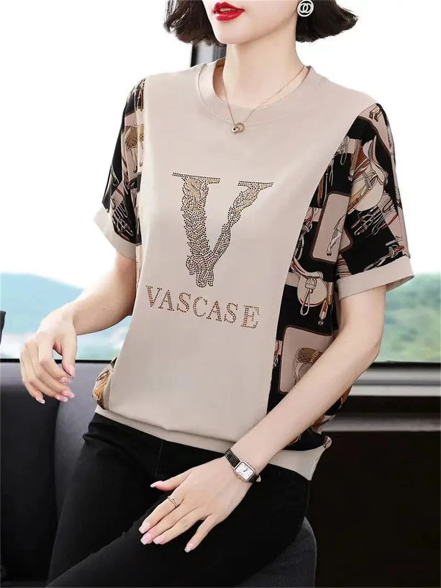 

5XL Cotton Women Spring Summer Shirts Lady Fashion Casual Short Sleeve O-Neck Collar Printing T-shirt Blusas Tops TT2013
