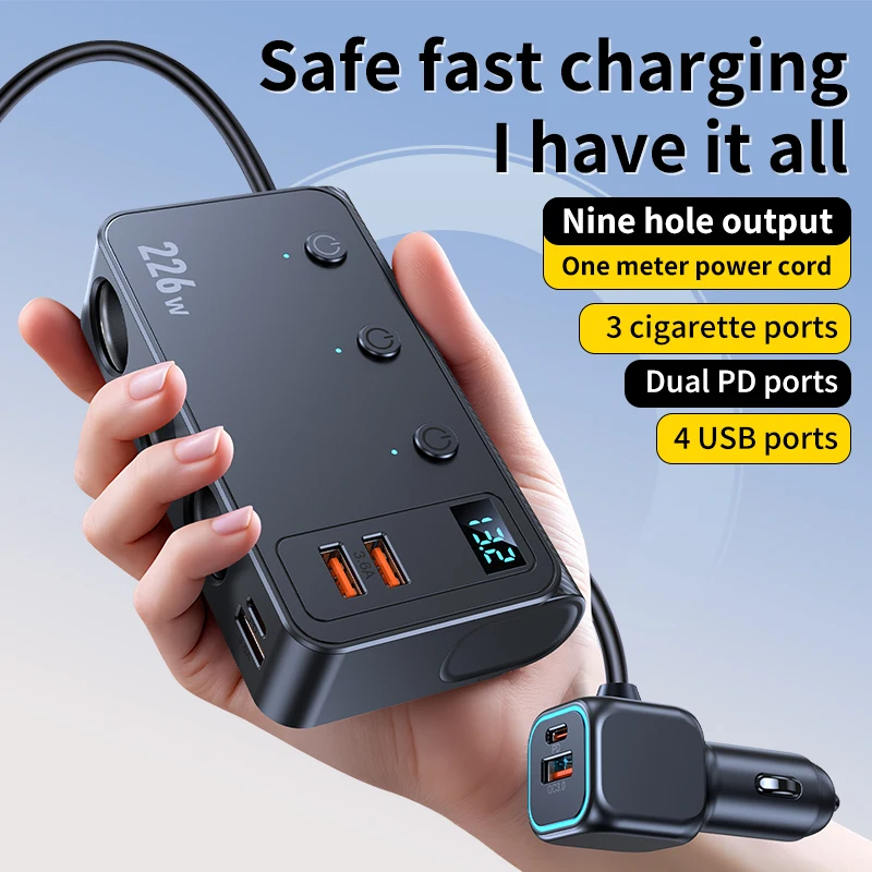 9 in 1 담배 라이터 분배기 226W 차량용 충전기 어댑터(PD/QC 3.0 충전 3.3FT 케이블 12V/24V 독립 스위치 포함)