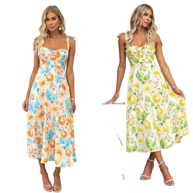 

2023 Summer New Women's Print Lace Up Mid length Strap Dress