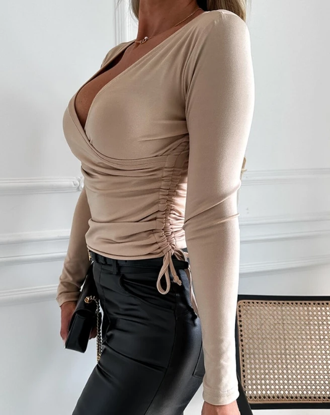 

2023 New Autumn Casual Temperament Commuting Fashion Long Sleeve Deep V Neck Ruched Drawstring Glitter Slim Sexy Tops for Women