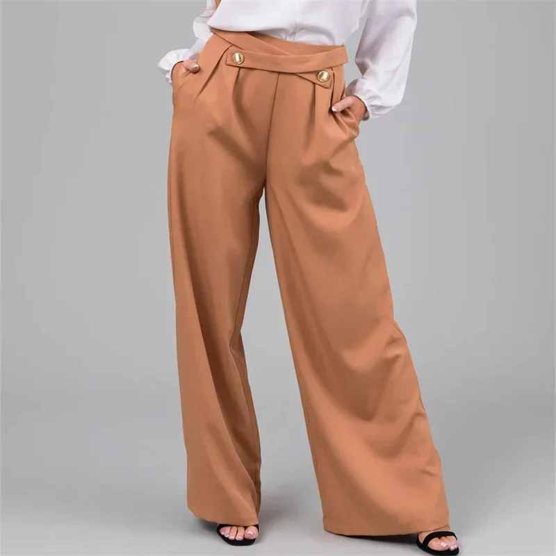 Women Elastic Waist Cross-button Splicing Wide Leg Pants Elegant Female Solid Color Office Commuter Flared Trousers Loose Trous