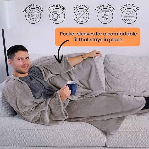 Snuggie For Men Sherpa Wearable Blanket With Sleeves Pocket