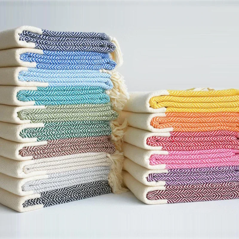

Turkish towel blanket home geometric diamond sofa blanket woven jacquard handmade tassel blanket Turkish beach towel