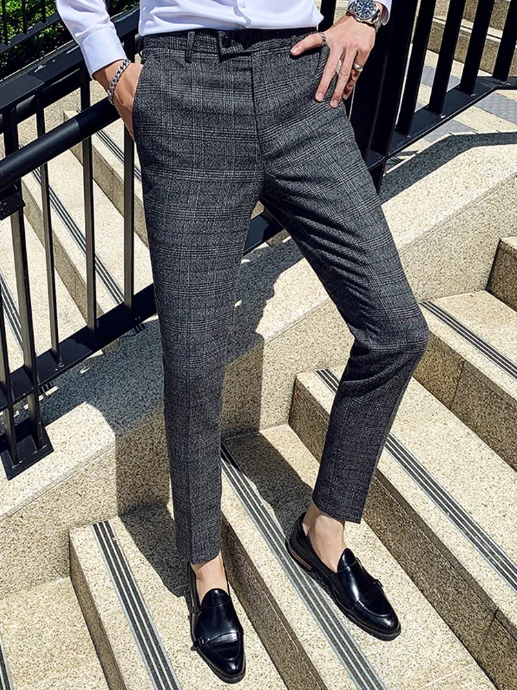 Business Pants Men Classic Plaid and Striped Fashion Casual Slim Suit Trousers Groom Wedding Party