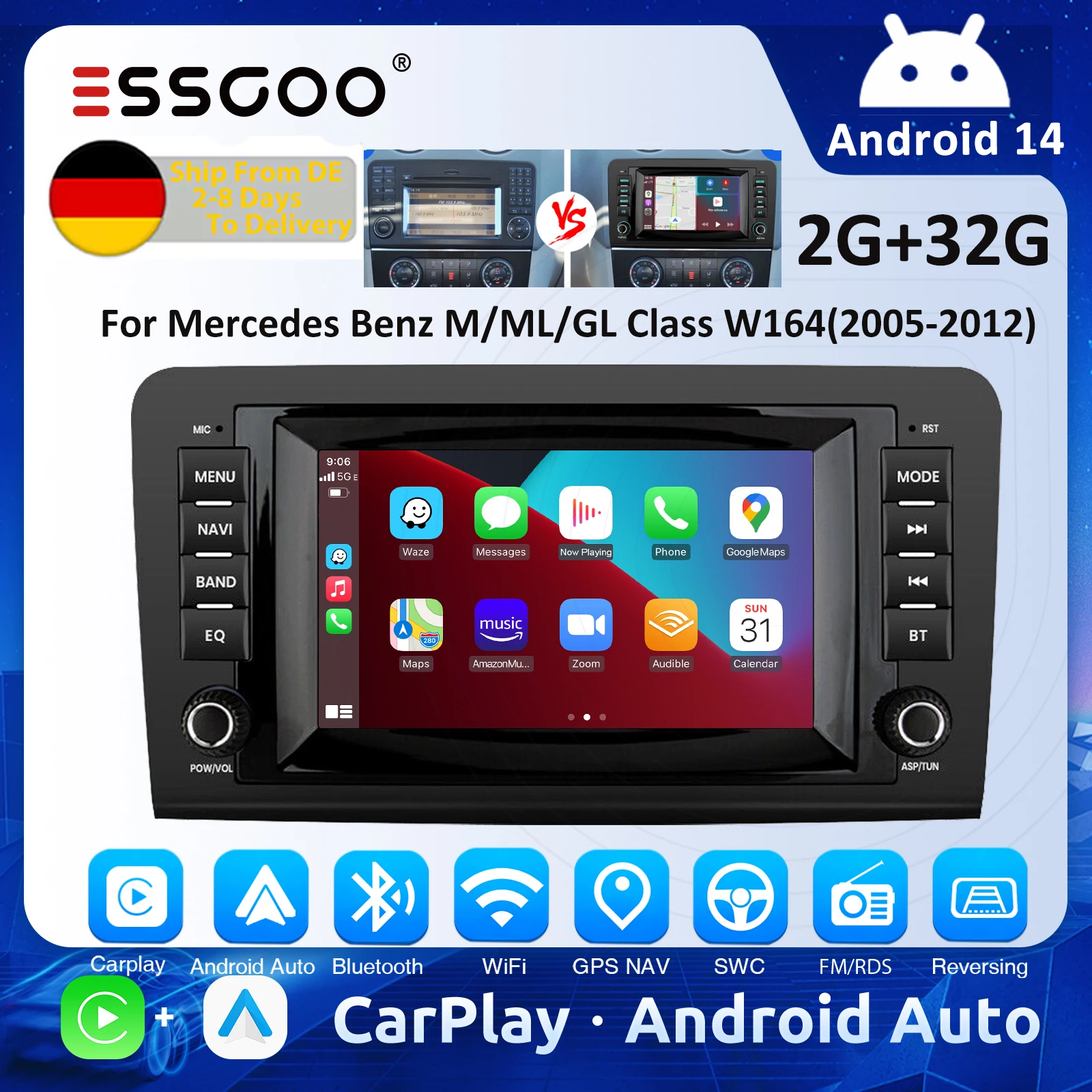 ESSGOO Android 14 Car Radio For Mercedes Benz M/ML/GL Class W164(2005-2012) Radio Multimedia GPS Navigation Carplay