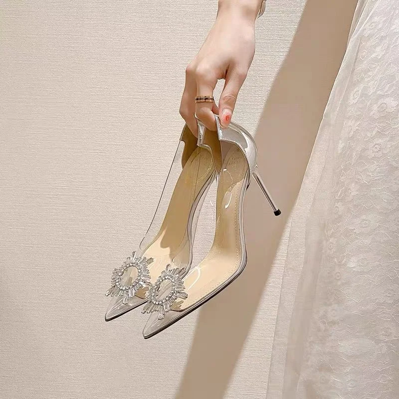 2022 Designer Heels Sandals Woman Summer Shoes Luxury Crystal Slippers Sexy Pointed Toe High Heels Dress Party Shoes Fashion New