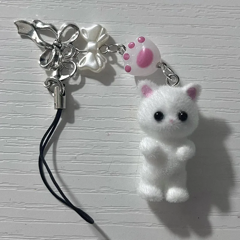 チャーム付きキーホルダー,手作りの白い猫のおもちゃ - AliExpress
