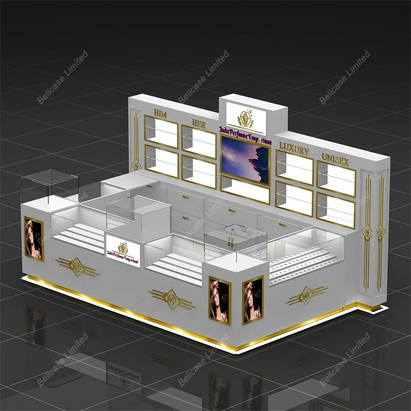 

Custom, modern luxury gold showcase for perfume kiosk shopping mall store display fixture