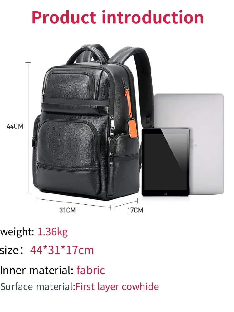 BOPAI Business backpack; Leather backpack; Multi-functional backpack; The first layer of cowhide backpack; Commuting backpack; L 2