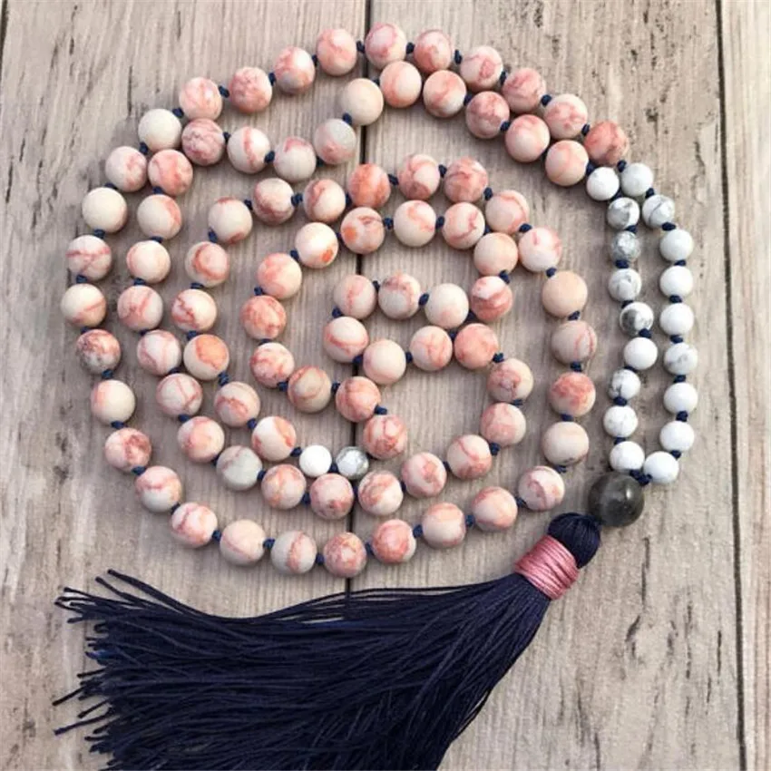 8mm Rhodochrosite Gemstone Howlite Tassel Mala Necklace Stone Metal Prayer Trendy  Meditation Lariat Spiritual Men 108 Beads