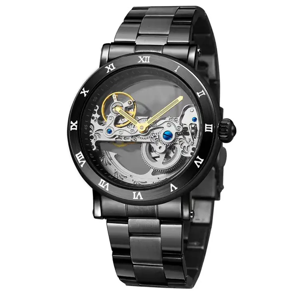 FORSINING Luxury Design Transparent Case Black Leather Strap Mens Watches Top Brand Luxury Automatic Skeleton Wrist Watches