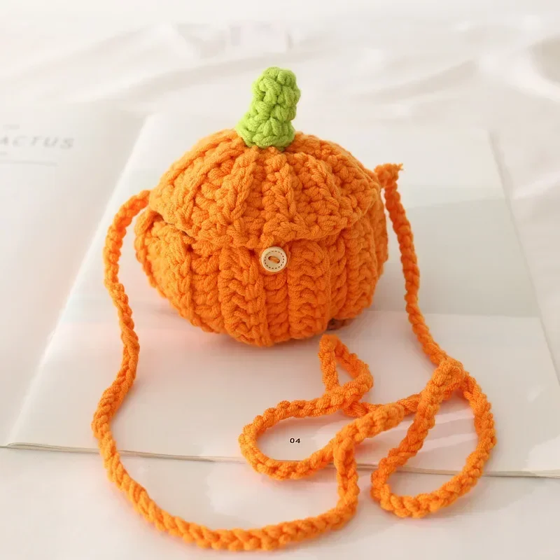 

Cute Pumpkin Knitted CrossbodyBag with Woolen Knitted Kawaii Woven Storage Pouch Sling Bag Children's Candy Small Bag (Finished)