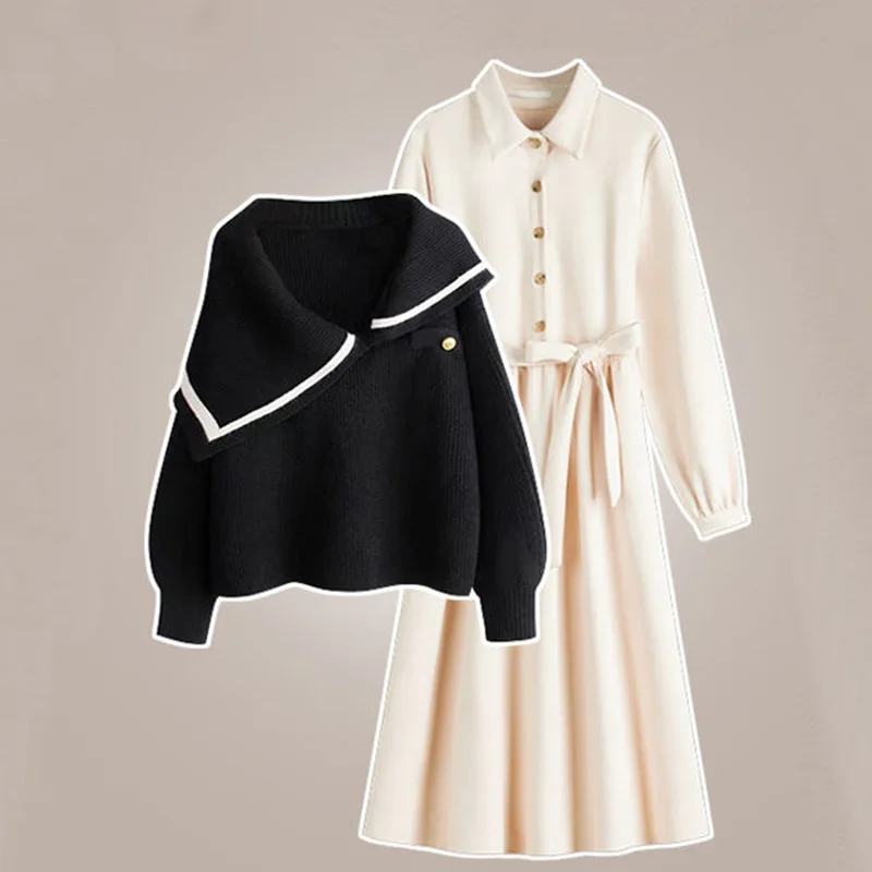 Autumn and Winter Set Women\'s 2023 New Style Wear Loose Sweater to Show Slim Versatile Dress Two Piece Setwinter clothes women