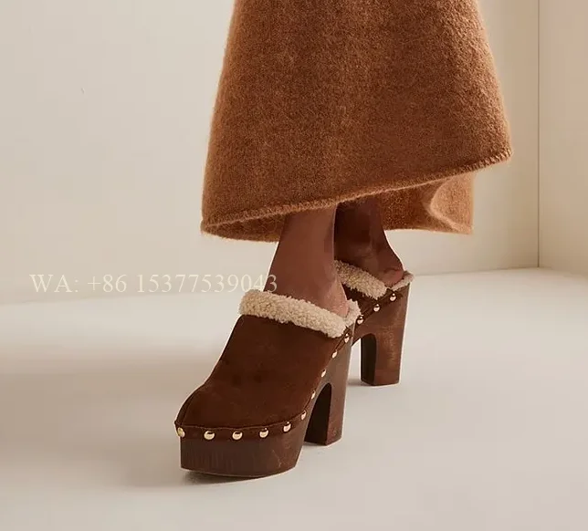 

Brown Platform Suede Clogs Mules Round Toe Lambswool Chunky Heels Slip On Studded Shoes Autumn Sexy Party Dress Casual Shoes