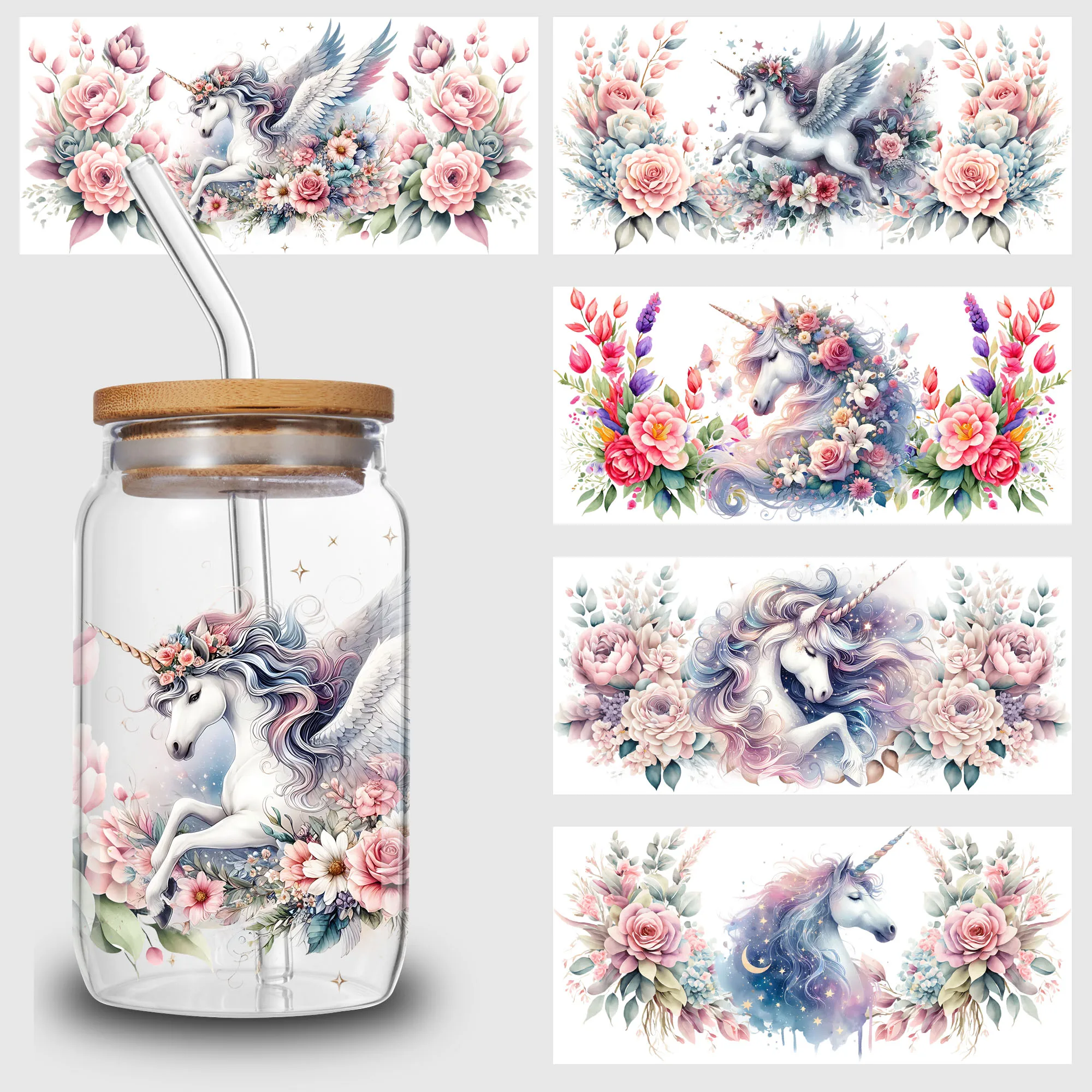 5 Sheets Unicorn UV DTF Cup Stickers, DTF Transfer Stickers, Beautiful Unicorn Waterproof Wipe-Off Transfer Paper for 16oz cup