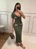 Office Lady Elegant Knitted Long Dress Summer Short Sleelve V Neck Single Breasted Bodycon Dresses Women Party Fashion Vestidos 1