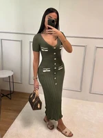 Office Lady Elegant Knitted Long Dress Summer Short Sleelve V Neck Single Breasted Bodycon Dresses Women Party Fashion Vestidos 1