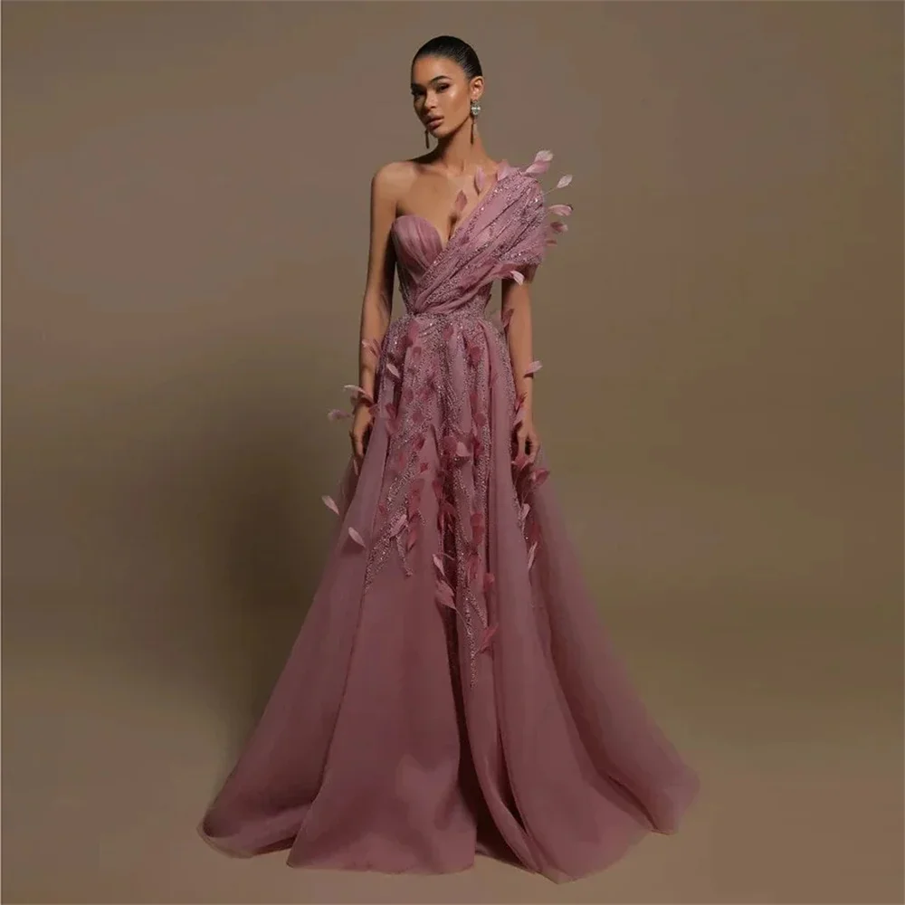 

Amanda Dusty Pink فستان سهرة نيلي Feather Decoration Prom Dress Luxury Sequins Embroidery A-line فساتين السهرة