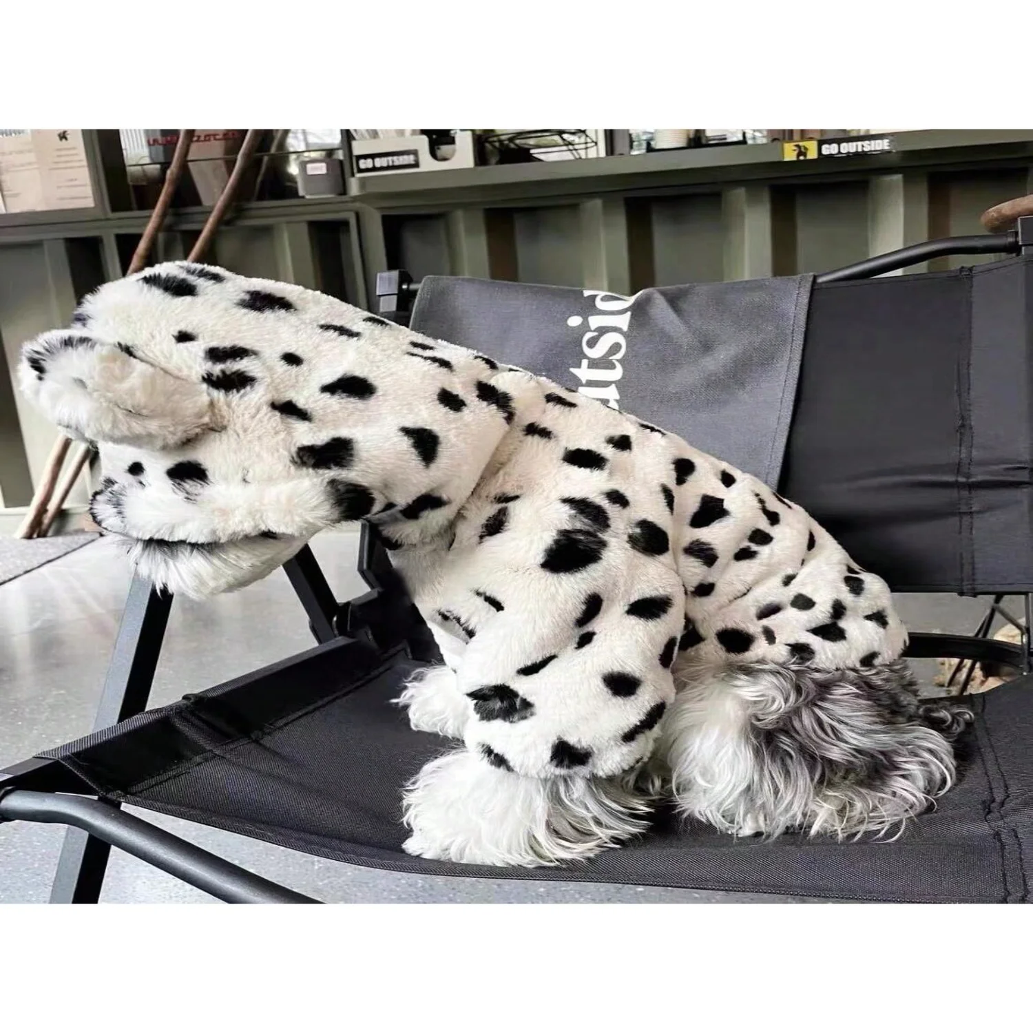 1pc White/Black Spotted Polyester Hooded Zipper Dog Jacket, Warm And Cozy