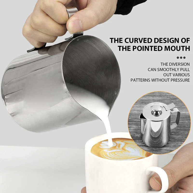Jarro de espuma de leite de aço inoxidável com tampa café expresso cappuccino copo de creme de leite espumando jarro