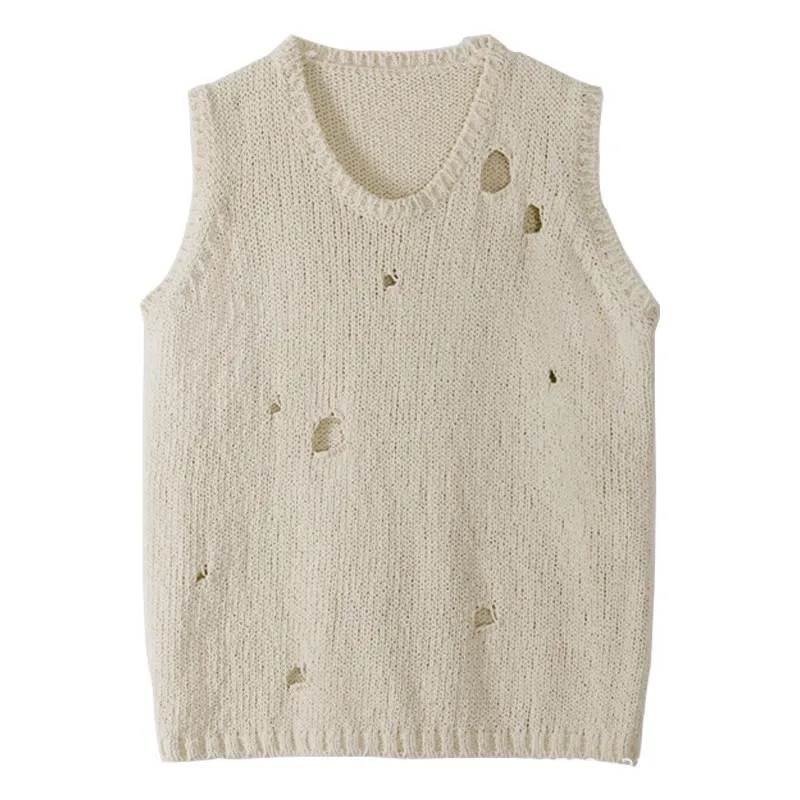 

Женский Повседневный вязаный жилет, корейский свитер, Новинка Ленивый трикотажный пуловер без рукавов с круглым вырезом и перфорацией, лето 2023