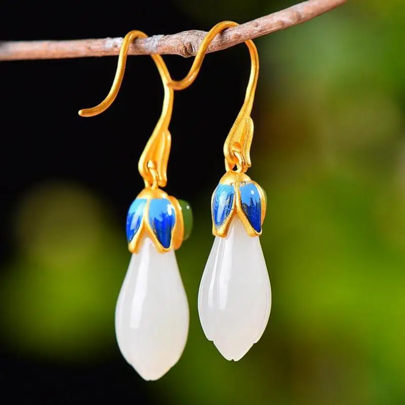 

Natural White Jade Orchid Cloisonne Enamel Dangle Earrings 925 Sterling Silver Hetian Jades Nephrite Flower Drop Earring Women