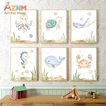 Stampe di Animali Marini Nautici per Cameretta, Poster di Tartarughe Marine in Stile Cartone Animato, Dipinto su Tela ad Acquerello di Animali Marini, Decorazione da Parete per la Stanza dei Bambini