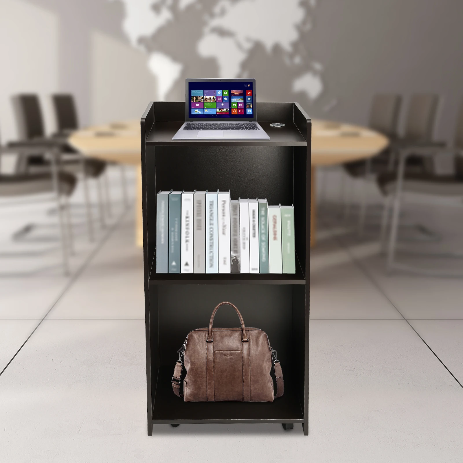 Wood Portable Podium Stand Reception Desk Lectern with Mobile Wheels Storage Shelf 22.6 * 14.5 * 41.3" Churches Podium