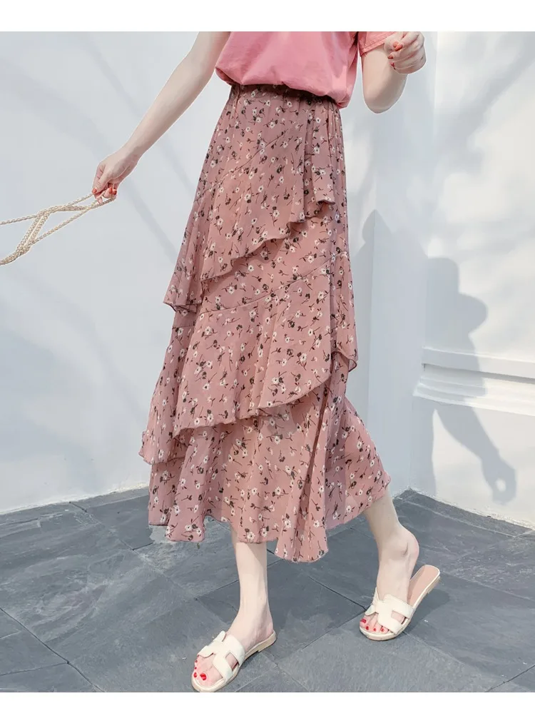Summer Skirts Womens 2022 New Polka Dots Floral Print Chiffon Pleated Skirt Irregular Cake Skirt Casual Midi Skirt Women Clothes hoop skirt