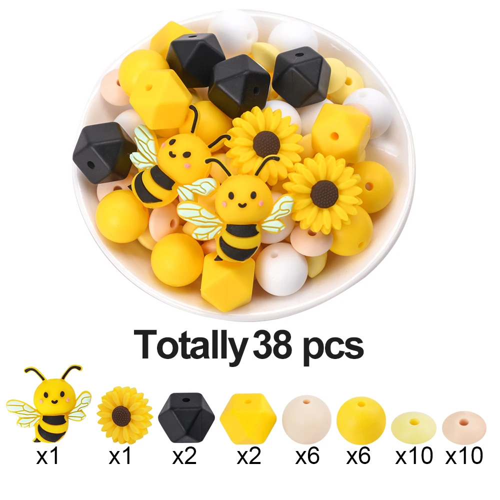 LOFCA 38 Stück Silikon-Bienen-Cartoon-Perlen für die Herstellung von DIY-Wohnaccessoires, Schlüsselanhänger, Armbändern, Halsketten, Schmuckzubehör – Detail 7