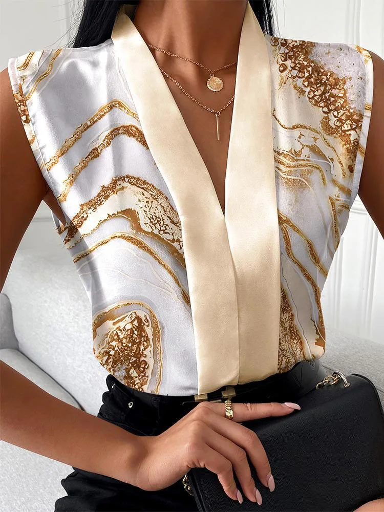 White Blue Striped Sleeveless Blouse Top for Women