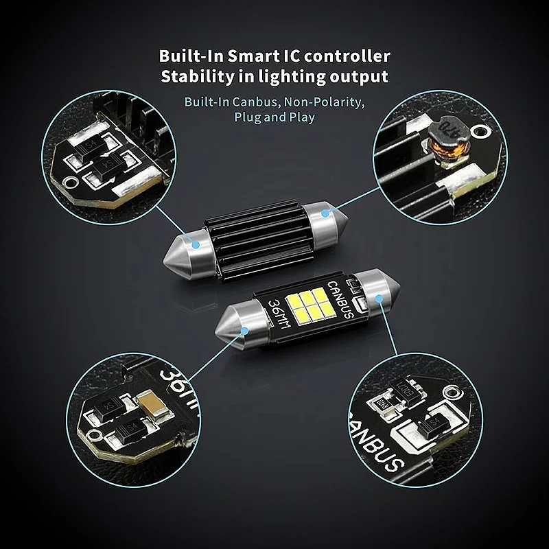 4X 400 Lumens 3020 Chipset Canbus Error Free LED Bulbs 36Mm Festoon De3175 6428 Xenon White